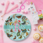 ヴィンテージ蝶、モノグラム&名前、ティール（緑がかった色）&金ゴールド ペーパープレート (パーティー)