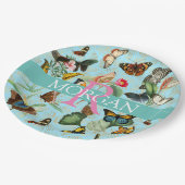 ヴィンテージ蝶、モノグラム&名前、ティール（緑がかった色）&金ゴールド ペーパープレート (アングル)