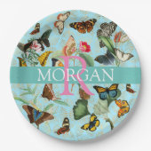 ヴィンテージ蝶、モノグラム&名前、ティール（緑がかった色）&金ゴールド ペーパープレート (正面)