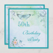 ヴィンテージ蝶、花と渦巻き50誕生日 招待状 (正面/裏面)