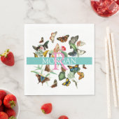 ヴィンテージ蝶DIYモノグラム&名前ティール（緑がかった色）/白 スタンダードランチョンナプキン (インサイチュ)