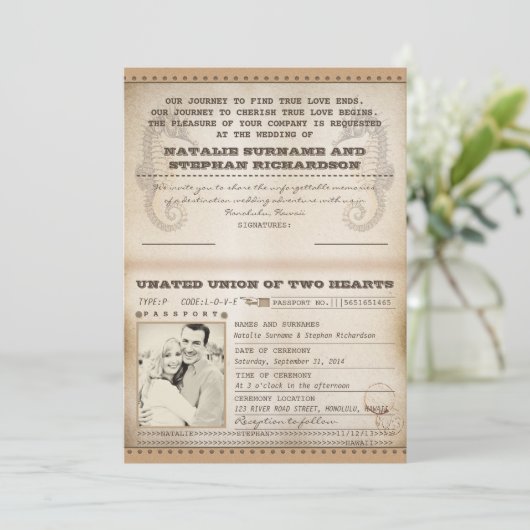 ヴィンテージ行先ウェディングパスポート招待状 招待状 (スタンド正面)