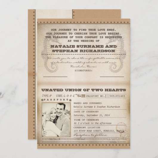 ヴィンテージ行先ウェディングパスポート招待状 招待状 (正面/裏面)