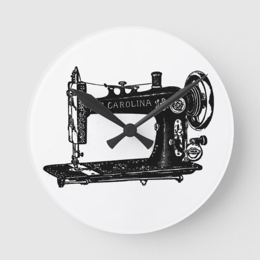 ヴィンテージ裁縫機の白黒 ラウンド壁時計 (正面)
