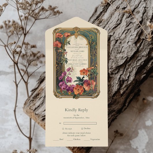 ヴィンテージ装飾フローラ結婚アールヌーボー オールインワン招待状