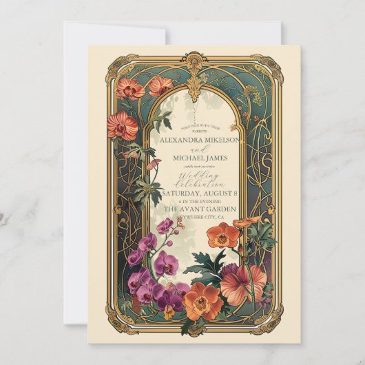 ヴィンテージ装飾フローラ結婚アールヌーボー 招待状 (正面)