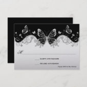 ヴィンテージ装飾ブラックシルバー蝶のスワールRSVP 出欠カード (正面/裏面)