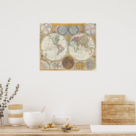 ヴィンテージ複半球の世界地図 ポスター (キッチン)