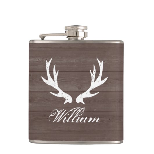 ヴィンテージ褐色木目シカ〔雄ジカの〕枝角お尻フラスコ フラスク (正面)