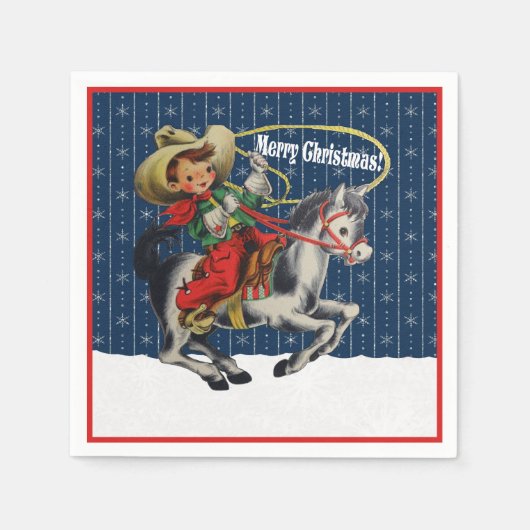 ヴィンテージ西カウボーイキッドホースロープクリスマス スタンダードカクテルナプキン (正面)