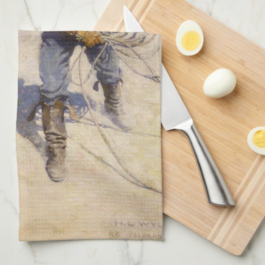 ヴィンテージ西カウボーイズ、In the Corral by NC Wyeth キッチンタオル (四つ折り)