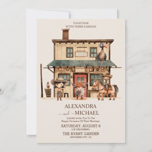 ヴィンテージ西カウボーイ素朴カントリー結婚式 招待状 (正面)