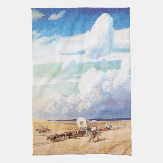 ヴィンテージ西カウボーイ、ワイエスの幌馬車 キッチンタオル (縦)