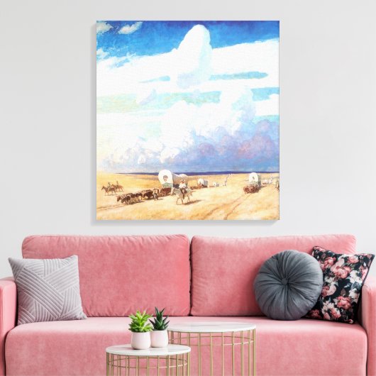 ヴィンテージ西カウボーイ、ワイエスの幌馬車 キャンバスプリント (インサイチュ (リビング))