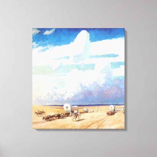 ヴィンテージ西カウボーイ、ワイエスの幌馬車 キャンバスプリント (正面)