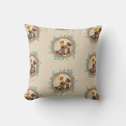 ヴィンテージ西女性のカーボーイウマとロープフラワー クッション (正面)