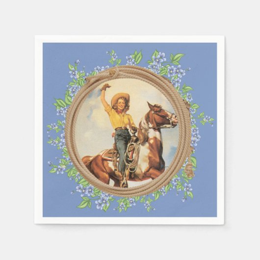 ヴィンテージ西女性のカーボーイウマとロープフラワー スタンダードカクテルナプキン (正面)