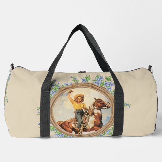 ヴィンテージ西女性のカーボーイウマとロープフラワー ダッフルバッグ (正面)