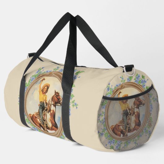 ヴィンテージ西女性のカーボーイウマとロープフラワー ダッフルバッグ (右コーナー)