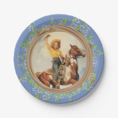 ヴィンテージ西女性のカーボーイウマとロープフラワー ペーパープレート (正面)