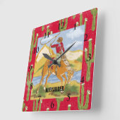 ヴィンテージ西部カウボーイロデオアート ワールドワイドテーマ スクエア壁時計 (傾斜)