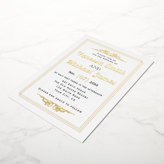 ヴィンテージ要素及びタイポグラフィ結婚金ゴールド 箔招待状 (回転した状態)