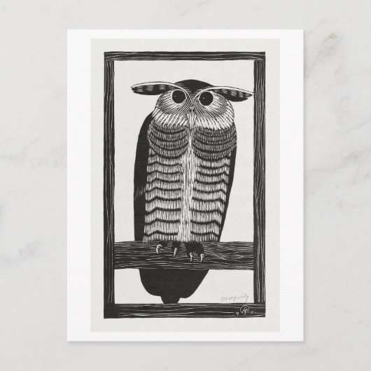 ヴィンテージ角フクロウイラストレーション ポストカード (正面)