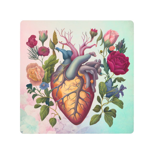 ヴィンテージ解剖学ハート花医 メタルプリント (正面)