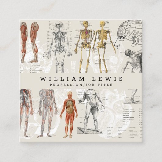 ヴィンテージ解剖学生物学アートQRコードソーシャルメディア スクエア名刺 (正面)