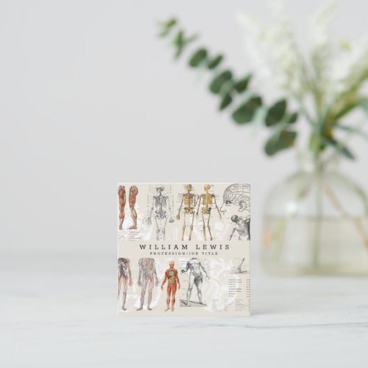 ヴィンテージ解剖学生物学アートQRコードソーシャルメディア スクエア名刺 (スタンド正面)