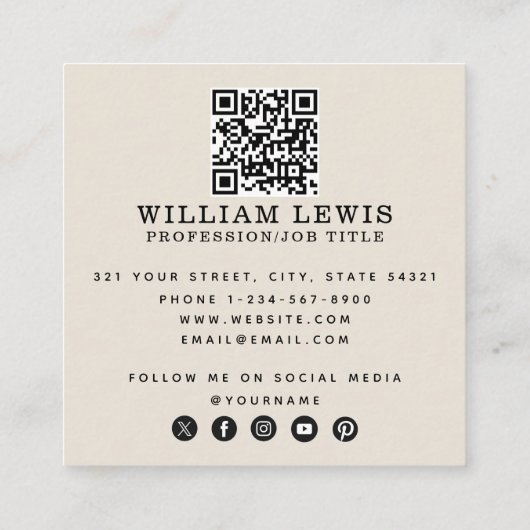 ヴィンテージ解剖学生物学アートQRコードソーシャルメディア スクエア名刺 (裏面)