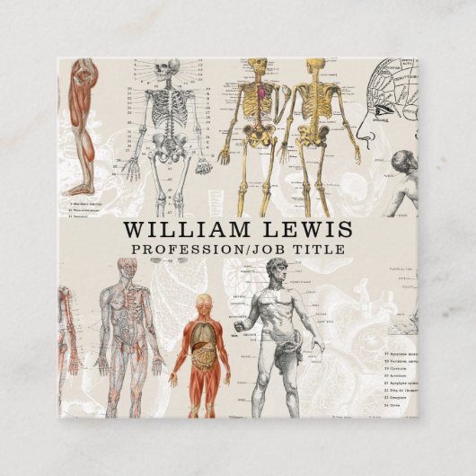ヴィンテージ解剖学生物学アートQRコードソーシャルメディア スクエア名刺 (正面)