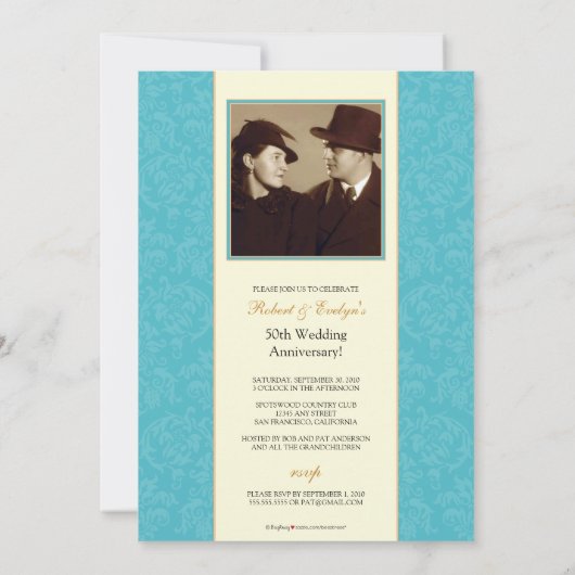 ヴィンテージ記念日パーティーカスタム招待状（アクア） 招待状 (裏面)