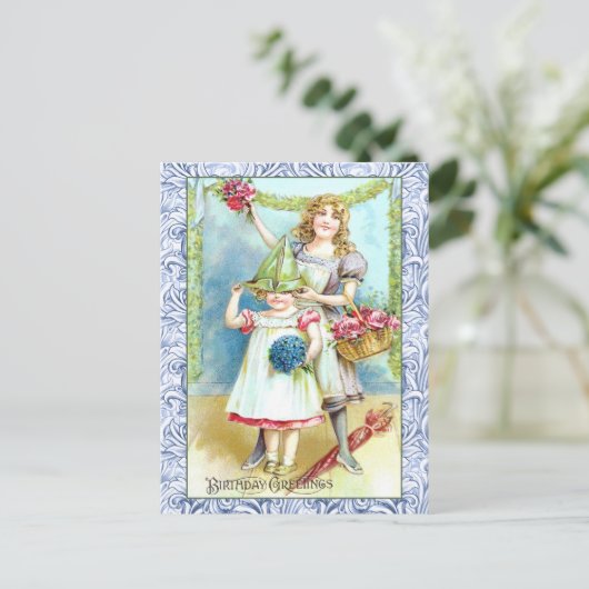 ヴィンテージ誕生日の挨拶と2人の女の子 ポストカード (スタンド正面)