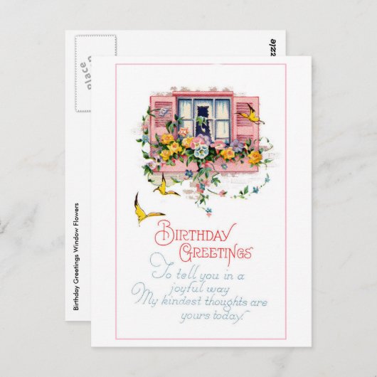 ヴィンテージ誕生日の挨拶ウィンドウ花 ポストカード (正面/裏面)