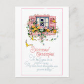 ヴィンテージ誕生日の挨拶ウィンドウ花 ポストカード (正面)