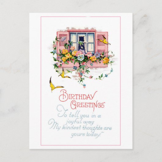 ヴィンテージ誕生日の挨拶ウィンドウ花 ポストカード (正面)