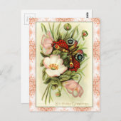 ヴィンテージ誕生日の挨拶:花と蝶 ポストカード (正面/裏面)