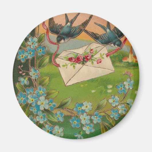 ヴィンテージ誕生日はがき鳥と花 マグネット (正面)