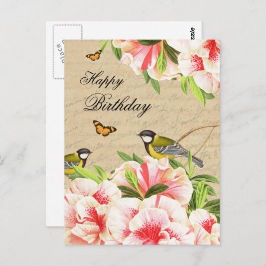 ヴィンテージ誕生日はがき(鳥と花) ポストカード (正面/裏面)