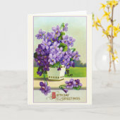 ヴィンテージ誕生日ウィッシュパープルパンジーの花 カード (黄色い花)