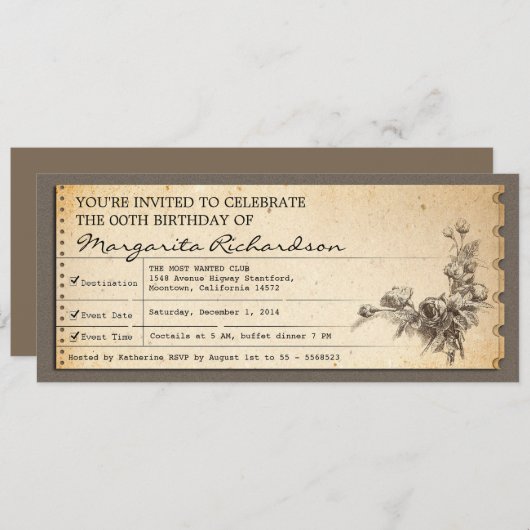 ヴィンテージ誕生日チケット招待状 招待状 (正面/裏面)