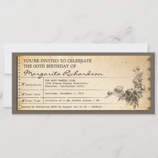 ヴィンテージ誕生日チケット招待状 招待状 (正面)