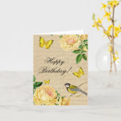 ヴィンテージ誕生日ノートカード(バラと鳥) カード (黄色い花)