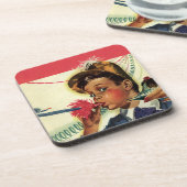 ヴィンテージ誕生日パーティー、ノイズメーカーを持つ少女 コースター (左側)