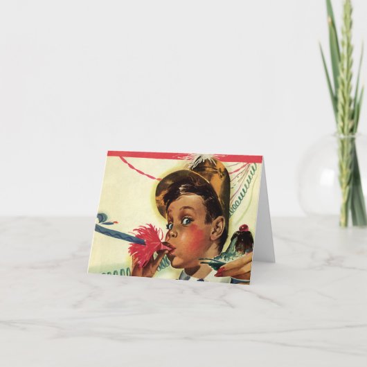 ヴィンテージ誕生日パーティー、ノイズメーカー付き女の子 カード (正面)