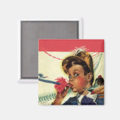 ヴィンテージ誕生日パーティー、ノイズメーカー付き女の子 マグネット (正面/裏面)