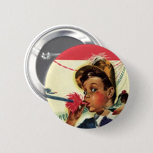 ヴィンテージ誕生日パーティー、ノイズメーカー付き女の子 缶バッジ (正面&裏面)