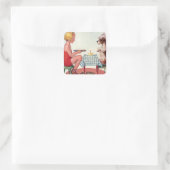 ヴィンテージ誕生日パーティー、ペット犬と女の子 スクエアシール (バッグ)