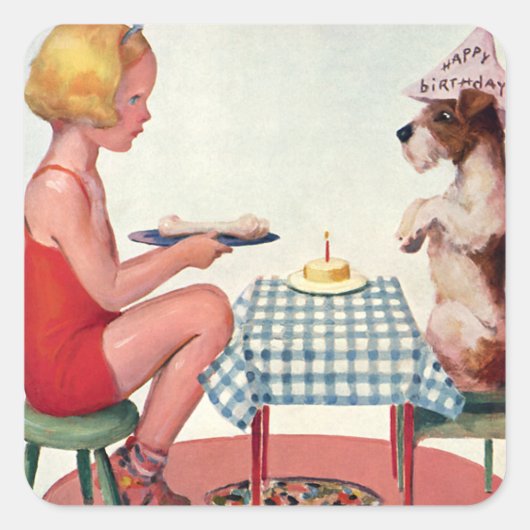 ヴィンテージ誕生日パーティー、ペット犬と女の子 スクエアシール (正面)